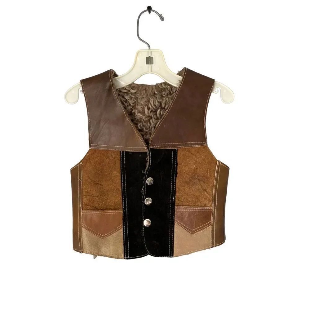 Vintage unisex kids, brown leather suede Sherpa vest size 3T